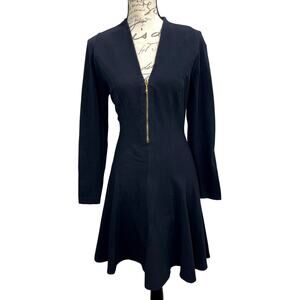 Vintage 90s Women's Tina Hagen Black Long sleeve Fit & Flare Mini Dress Gold Zip